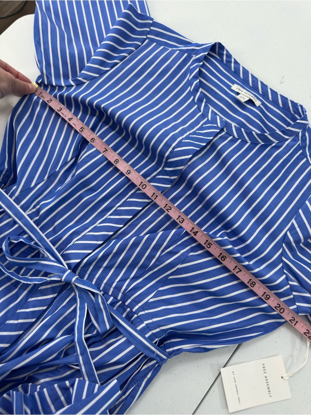 Free Assembly Striped Cotton Midi Shirt Dress Blue White Belted Modest Preppy L - Picture 7 of 14